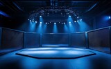 An eight-sided fighting cage, a wrestling cage, with spotlights shining from the ceiling. Martial arts concept