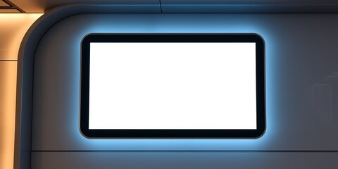 Poster - Illuminated blank screen display mounted on a futuristic wall with ambient lighting effect
