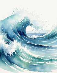 Poster - A watercolor illustration of a wave crashing against the ocean shore, perfect for use as a decorative element or to represent coastal themes