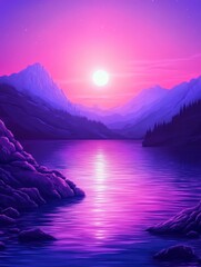 Wall Mural - Dreamy purple landscape featuring lake reflection of sun between mountains with starry sky above in fantasy style