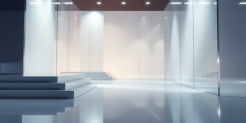 Poster - A minimalist interior with steps leading to a platform, illuminated by spotlights above