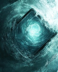 Poster - Abstract water vortex with square frame swirling in a tunnel perspective creating a dynamic and surreal ocean scene