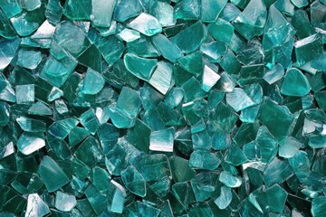 Aufkleber - Pile of Teal Glass Shards Filling the Frame Overhead Shot Showing Texture and Light Reflection for Crafts and Decoration