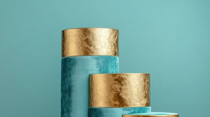 Poster - Minimalist Product Display Stands in Teal and Gold Studio Shot for Cosmetic Presentation Luxury Style