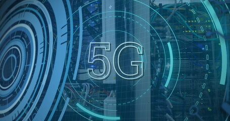 Poster - Image of processing circle and 5g over computer wires