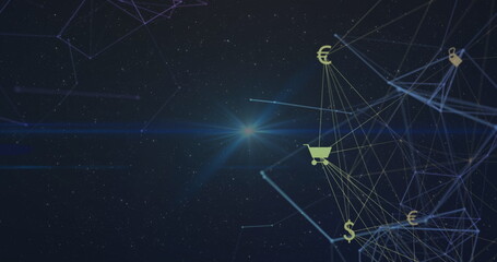 Poster - Image of network of connections with icons in navy space