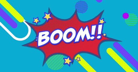 Poster - Image of boom text on red explosion with stars and abstract shapes on blue background