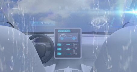 Poster - Image of data processing and network of connections over self driving car interior and blue sky