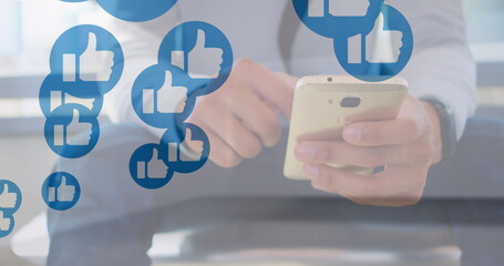 Poster - Image of social media reactions over hands of caucasian businessman using smartphone