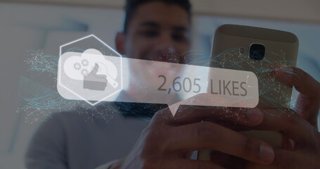 Poster - Image of social media reactions over hands of man using smartphone