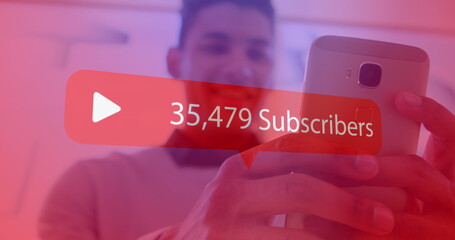 Poster - Increasing subscribers on red speech bubble against man using smartphone