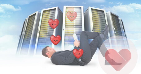 Poster - Image of hearts and caucasian man over servers