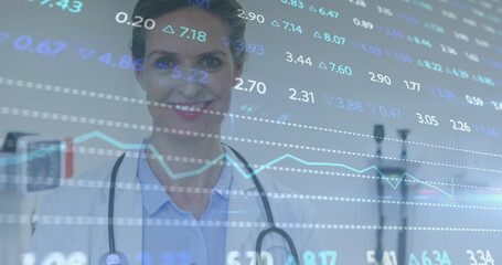Poster - Image of financial data processing over doctor working in hospital
