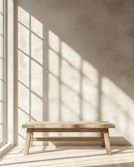 Poster - Minimalist interior with wooden bench and window light casting shadows on wall neutral color palette simple composition