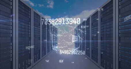 Poster - Image of data processing over globe and server room