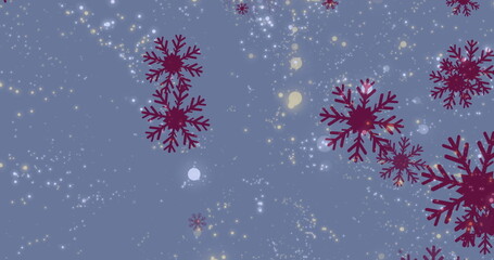 Poster - Multiple snowflakes icons falling over glowing spots of light against blue background