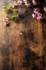 Poster - Pink Cherry Blossom Branch on Rustic Wood Tabletop Overhead Still Life for Springtime or Floral Design Projects