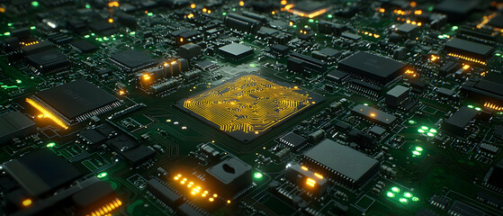 Poster - Detailed Close Up Of Glowing Circuit Board With Illuminated Chip