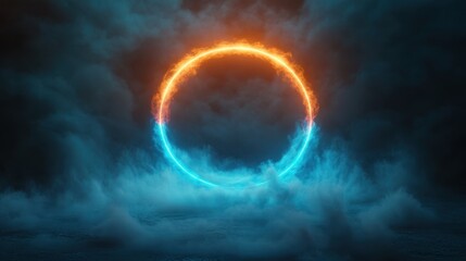 Poster - Glowing circle with fire & ice, surrounded by dark clouds and smoke effects. It's for abstract background, futuristic tech, or magic portal concepts.