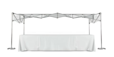 Poster - A display table with a white tablecloth and a silver metal frame on a white background