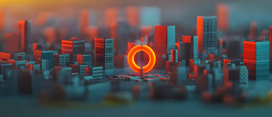 Poster - Abstract Futuristic Cityscape With Geometric Buildings And Glowing Ring