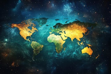 Poster - World Map Illustration in Space with Stars and Nebula Background Earth Continents in Gold and Green Tones Artistic Rendition