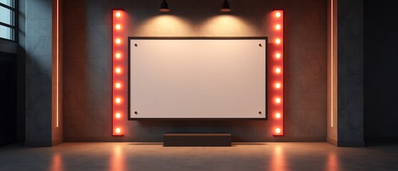 Poster - Illuminated blank whiteboard on stage with spotlights and red light strips on the walls