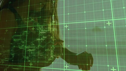 Aufkleber - Woman leaning forward with arm extending into tech interface, revealing holographic grid schematics