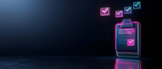 Poster - Neon Glowing Clipboard With Check Icons On Dark Background