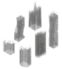 Poster - A series of buildings are shown in a black and white photo. The buildings are all different shapes and sizes, with some being tall and skinny, and others being short and wide. Isometric view. 3D