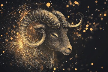 Poster - Golden Aries Zodiac Sign Illustration on Black Background Sparkling with Stars and Bokeh Lights Close Up Astrological Symbol