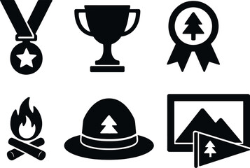 camp award icons set – silhouette, simple and camping achievement symbols