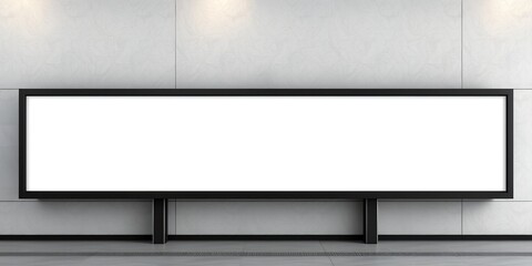 Poster - A blank horizontal billboard with a black frame standing against a tiled white wall space