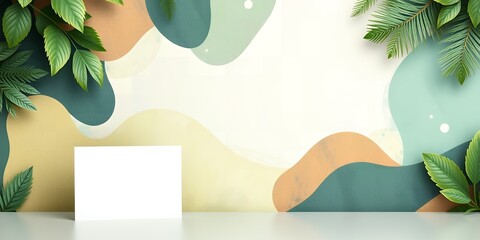 Poster - Abstract background with green leaves and white podium for product presentation display