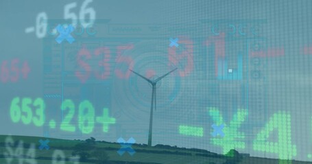 Poster - Wind turbine powering hillside scene, displaying neon data charts and symbols in flat design