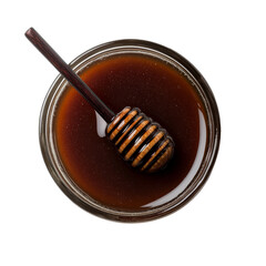 Poster - Delicious Manuka honey in a glass jar with a wooden dipper from above
