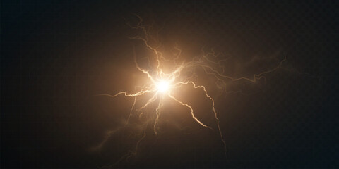 Poster - Bright yellow lightning with glowing electric rays on dark transparent background. Energetic splash for visual effects, for illustrations and web design.