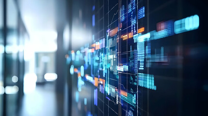 Poster - Digital Display Wall With Glowing Data Visualizations