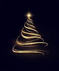 Poster - Glowing Christmas tree made of golden ribbon on dark background. Elegant New Year silhouette with glow and highlights for holiday design, cards and decor.