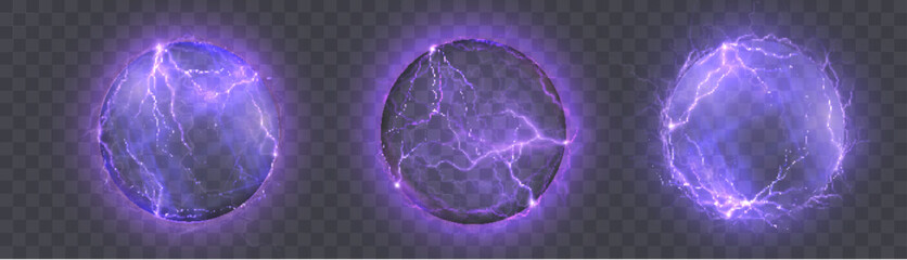 Poster - Vector purple electric sphere with glowing lightning and plasma energy effect. Abstract visualization of atomic charge or nuclear energy on transparent background.