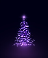 Poster - Glowing Christmas tree made of glowing purple glitter particles and bright star on dark background. Elegant New Year silhouette with glow and highlights for holiday design, cards and decor.