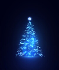 Poster - Elegant Christmas tree made of shining blue lights on a dark background. Glowing neon silhouette for winter design, cards, backgrounds and holiday projects.