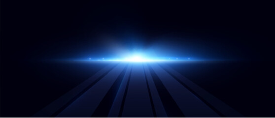Poster - Bright blue glow of lens flare radiates from the center horizon on a dark background. Light burst effect for lens reflections, tech promos, abstract interfaces, or sci-fi environment scenes.

