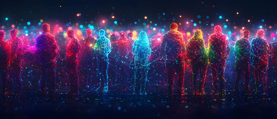 Poster - Colorful Glowing People Crowd Abstract Digital Art