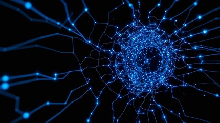 Abstract digital network structure with blue nodes on black background  
