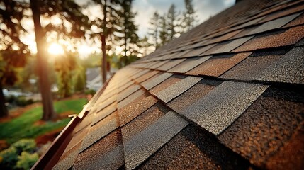 Poster - Geometric Shingle Pattern, a residential roof adorned with square-cut shingles, framed by lush leafy treetops, showcasing a harmonious blend of architecture and nature.
