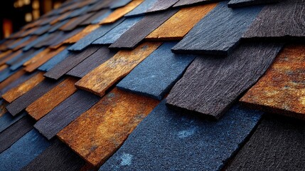 Poster - Overlapping Roof Shingles, intricate patterns forming a rhythmic surface texture, showcasing the craftsmanship and design in architectural elements, inviting exploration of aesthetic details