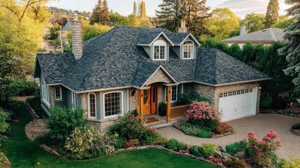 Poster - Symmetrical Gable Roof with Asphalt Shingles, an elevated perspective showcasing the neat lines and uniform texture of traditional roofing materials against a clear sky.