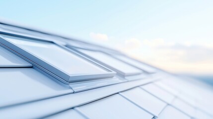 Poster - Rooftop Perspective with Gray Shingles and Minimalist Skylight, showcasing architectural simplicity, modern design, clean lines, and open space for potential urban settings