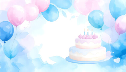 Aufkleber - A soft watercolor birthday background features a two-tiered cake with lit candles, surrounded by pastel pink and blue balloons with a gentle, airy feel